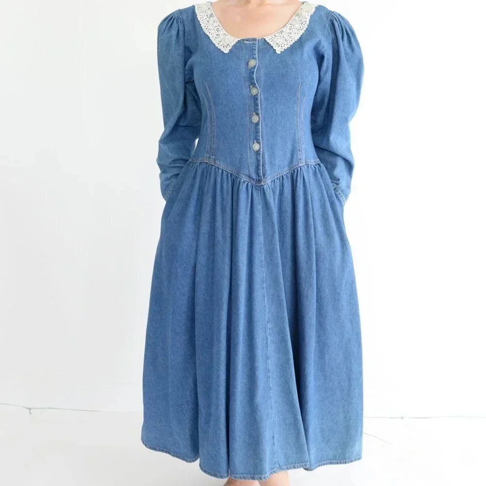 Vintage Chabra Blue Chambray Denim Button Down Prairie Cottagecore  Maxi Dress